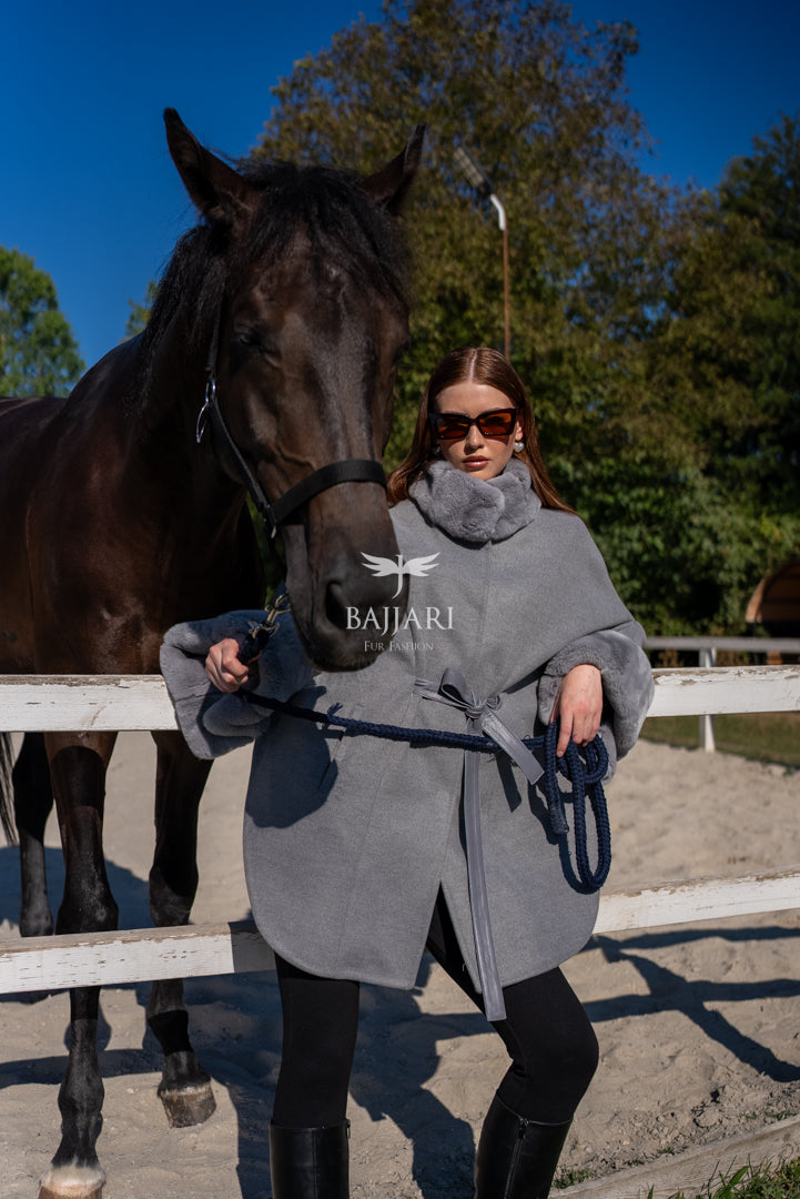 Elegant Cashmere Cape with Rabbit Fur Collar &amp; Cuffs -1337-