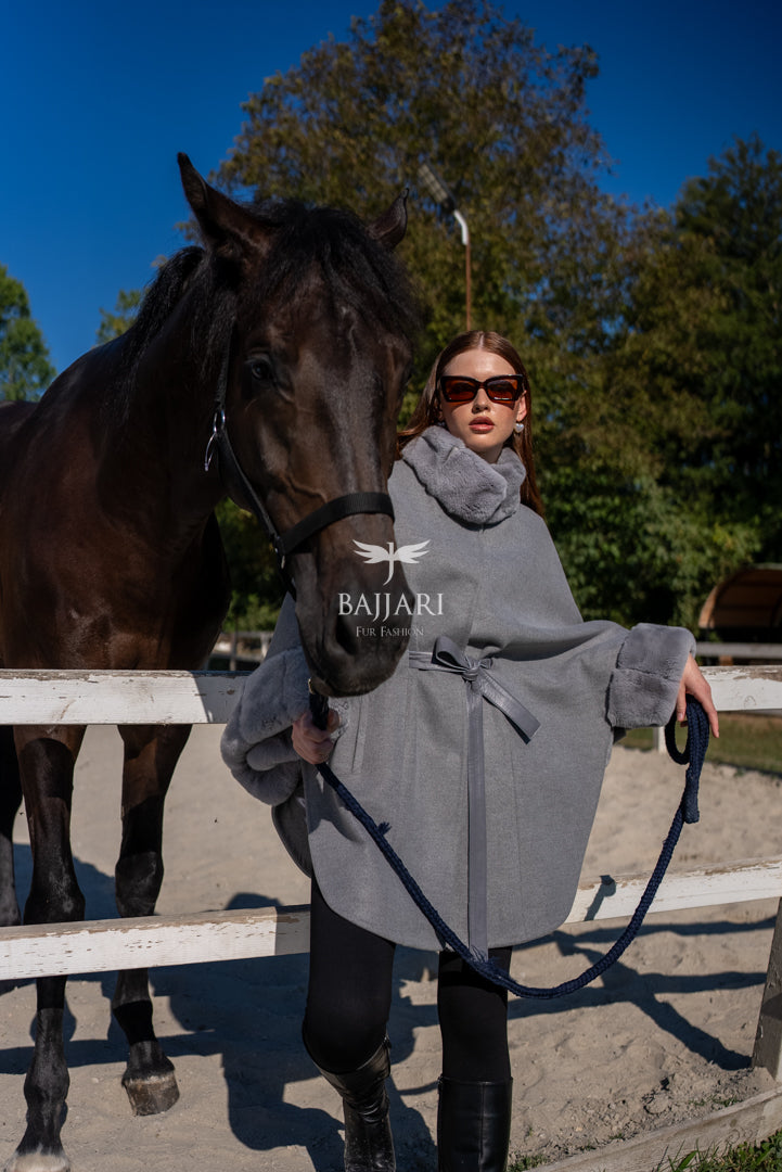 Elegant Cashmere Cape with Rabbit Fur Collar &amp; Cuffs -1337-