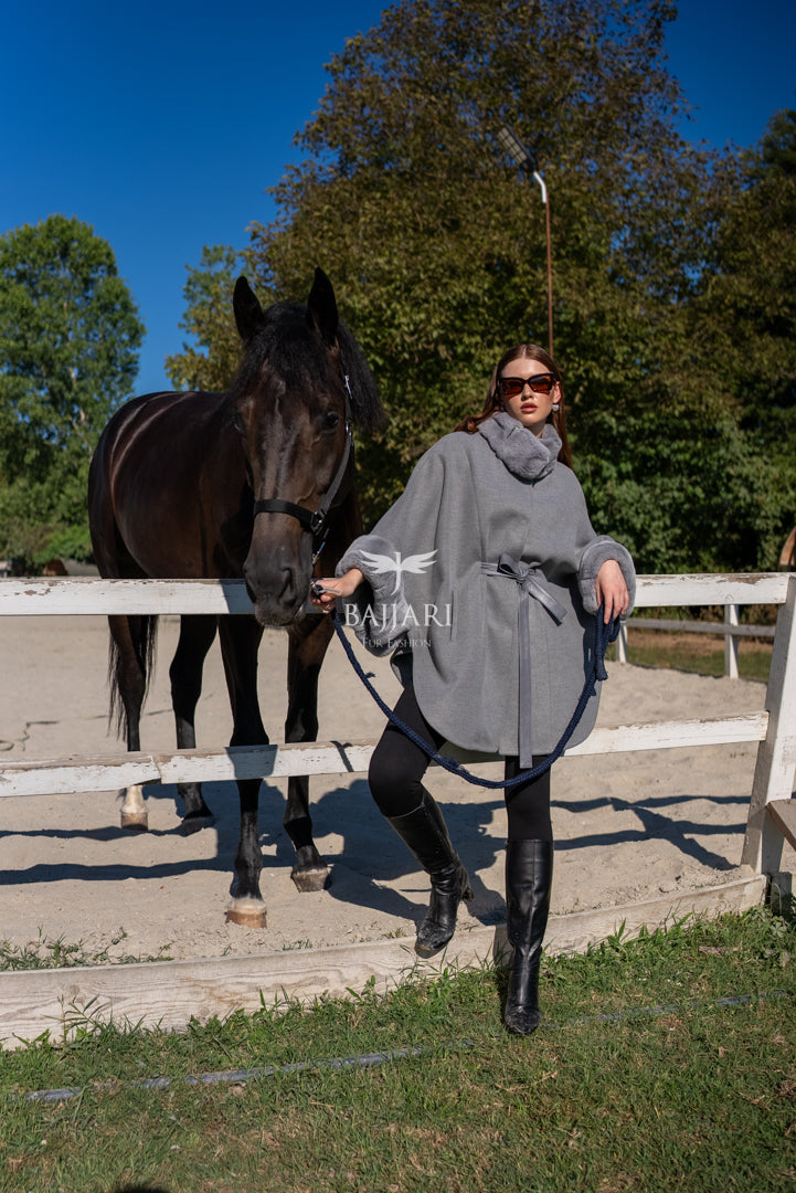Elegant Cashmere Cape with Rabbit Fur Collar &amp; Cuffs -1337-