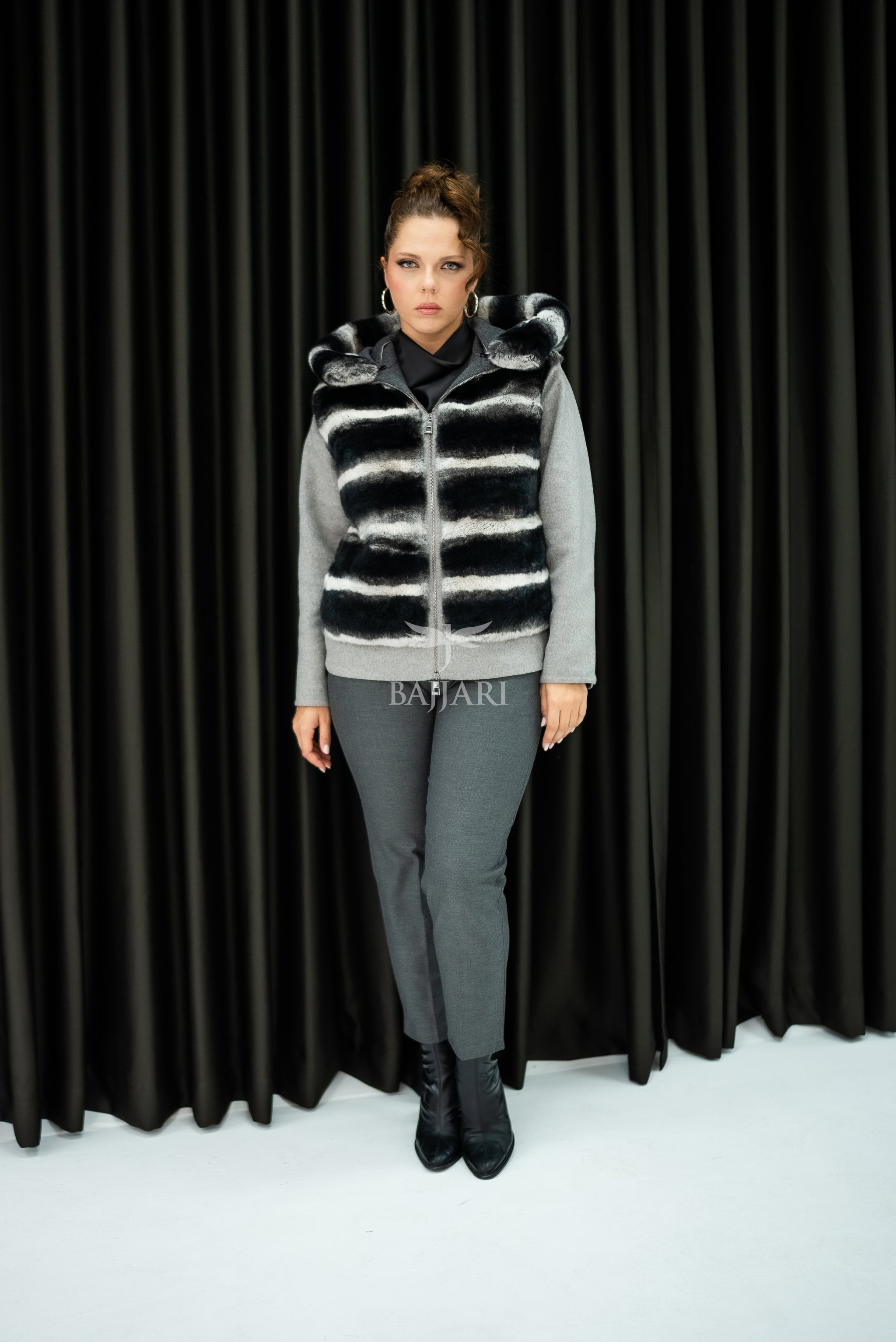 Alpaca Fabric Hooded Model with Rabbit Fur and Real Rabbit Fur Trim on the Front and Hood -9444-