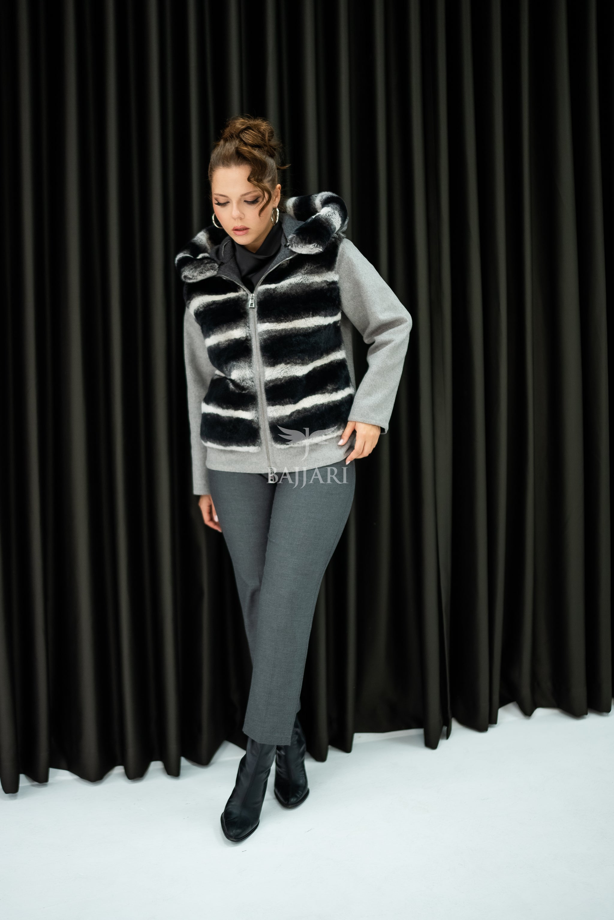 Alpaca Fabric Hooded Model with Rabbit Fur and Real Rabbit Fur Trim on the Front and Hood -9444-
