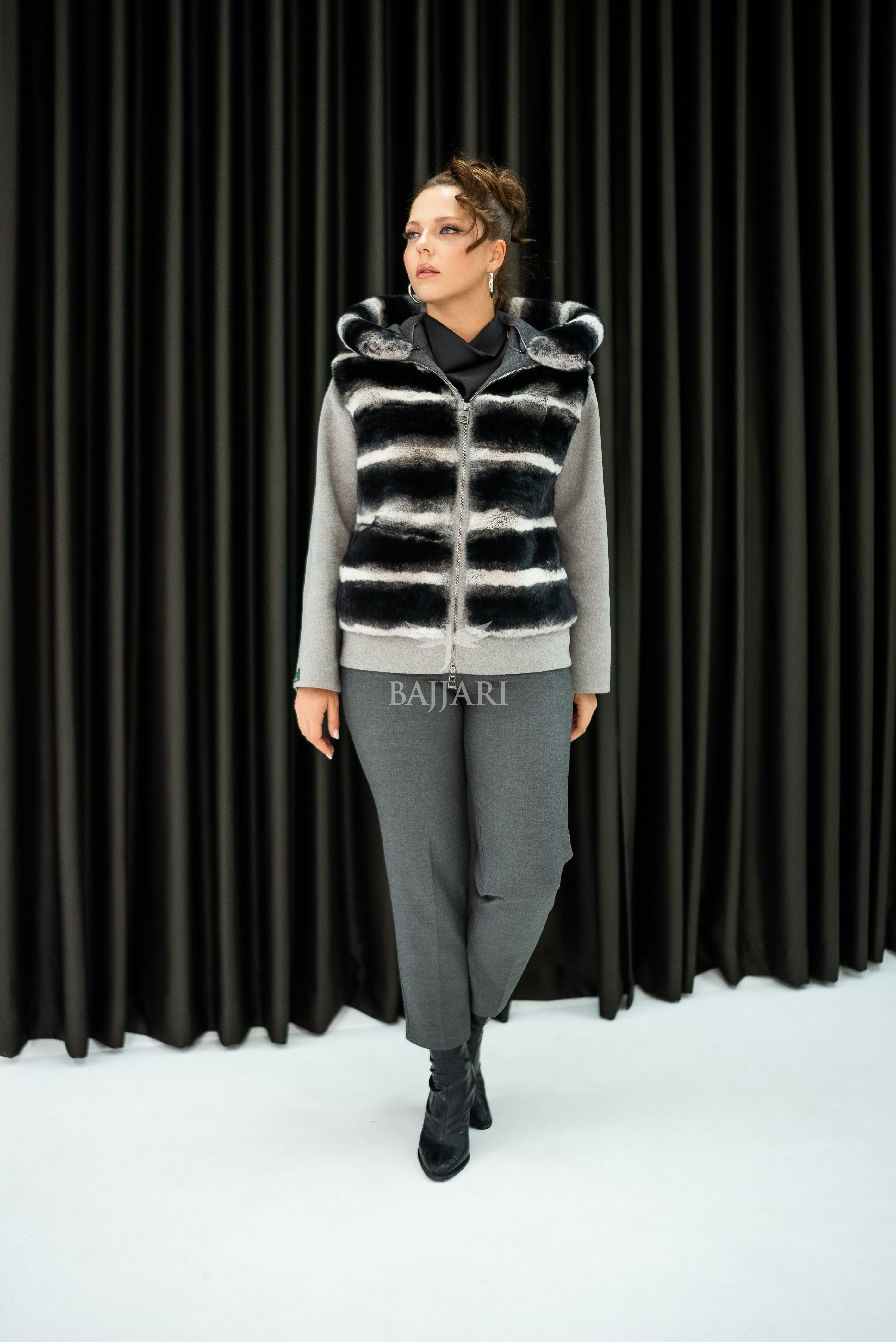 Alpaca Fabric Hooded Model with Rabbit Fur and Real Rabbit Fur Trim on the Front and Hood -9444-