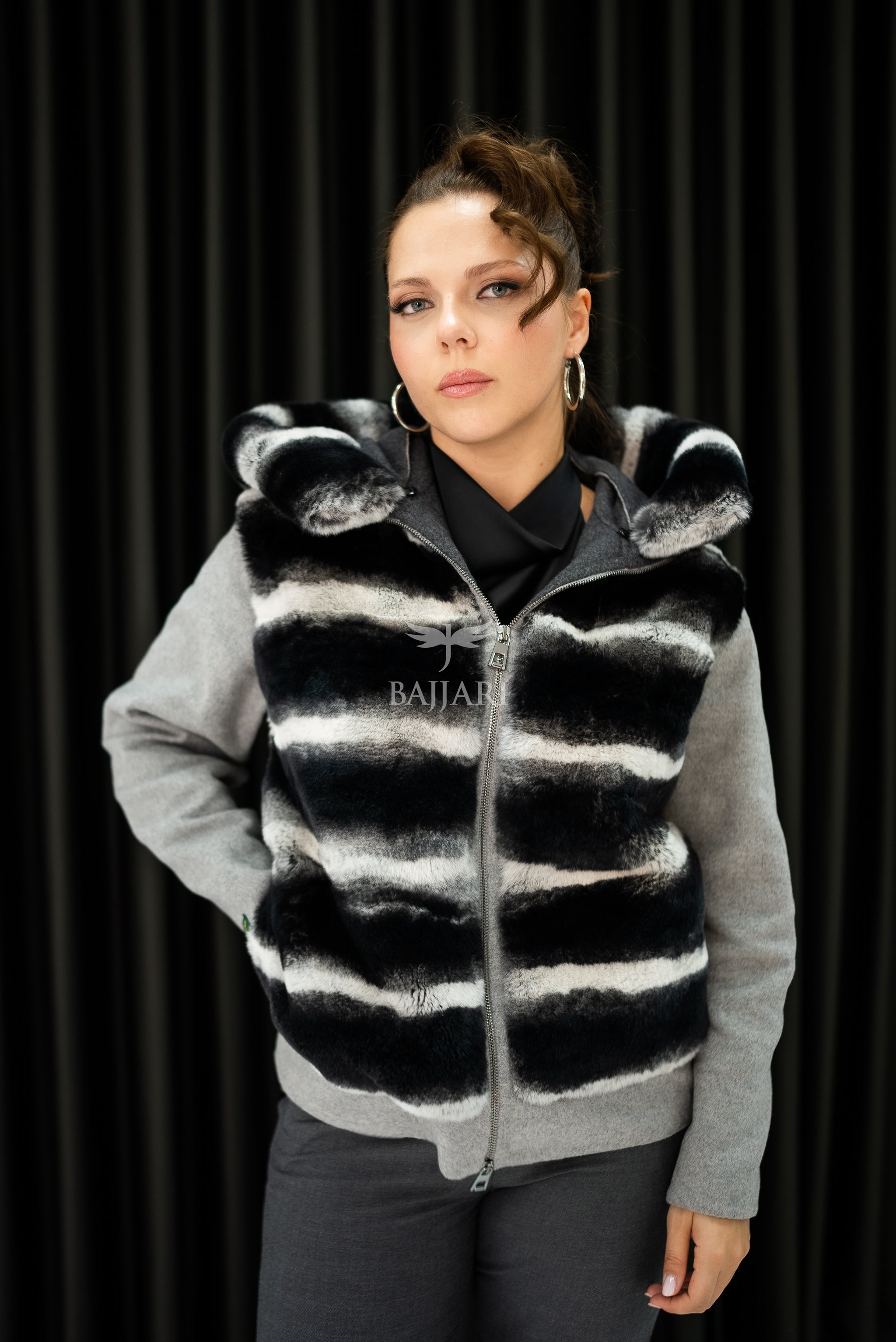 Alpaca Fabric Hooded Model with Rabbit Fur and Real Rabbit Fur Trim on the Front and Hood -9444-