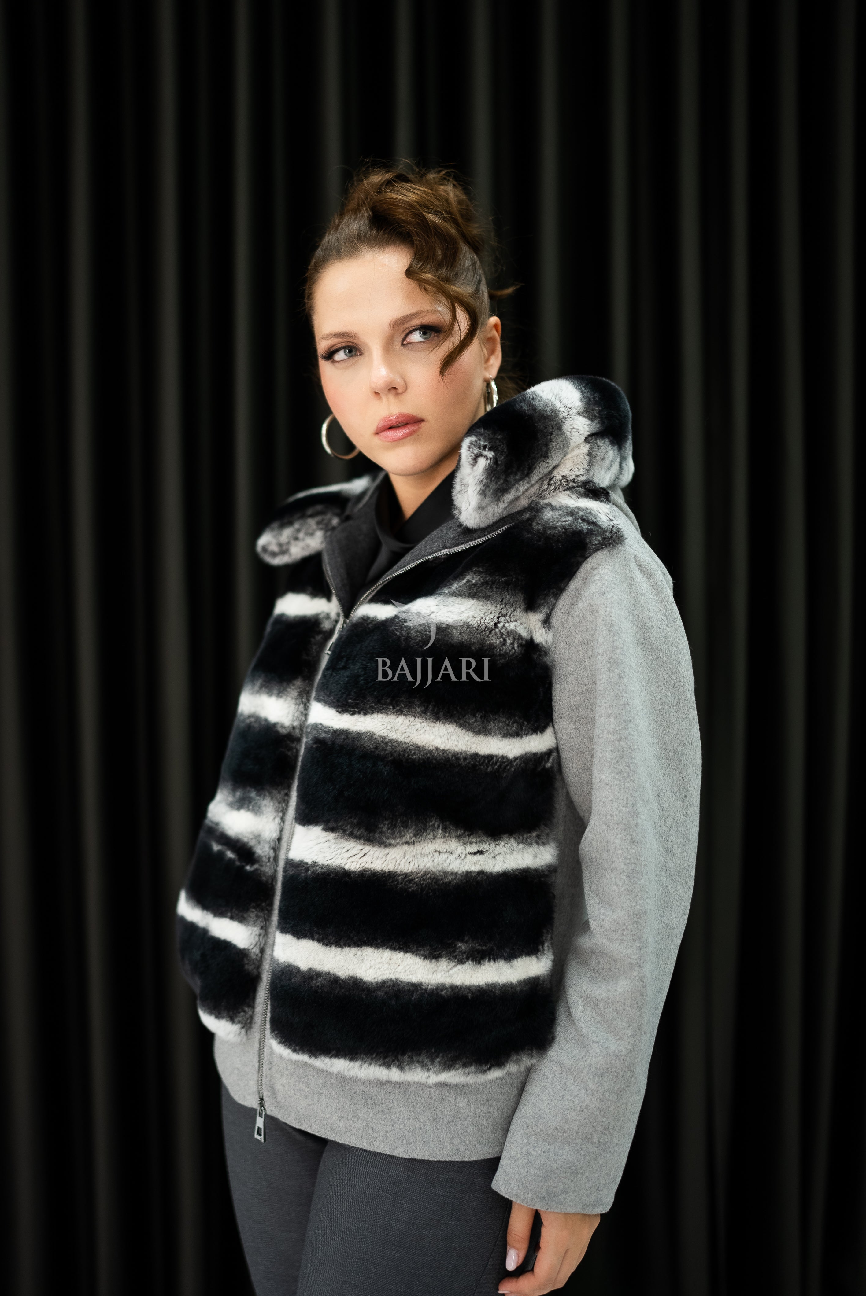 Alpaca Fabric Hooded Model with Rabbit Fur and Real Rabbit Fur Trim on the Front and Hood -9444-