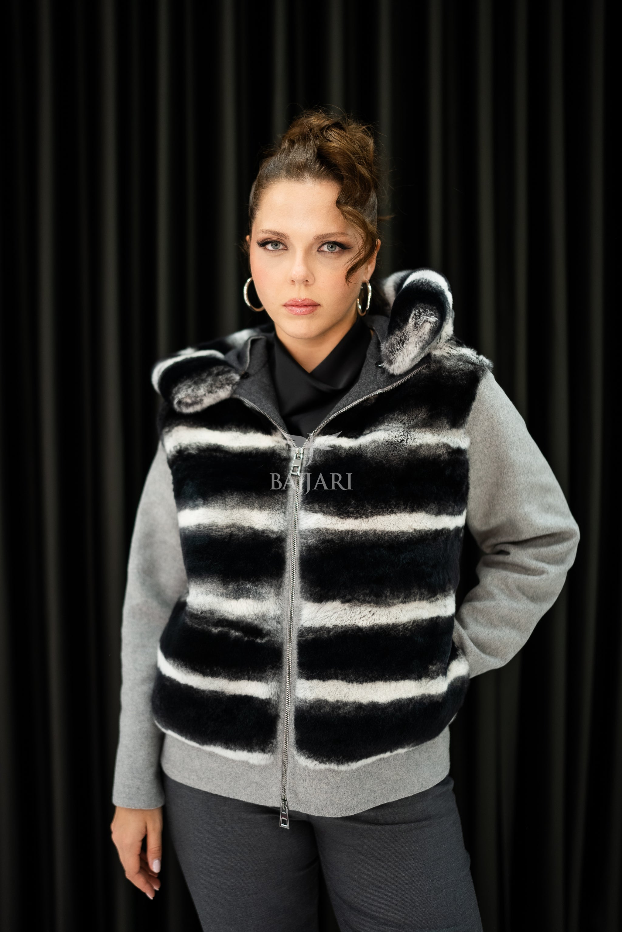 Alpaca Fabric Hooded Model with Rabbit Fur and Real Rabbit Fur Trim on the Front and Hood -9444-