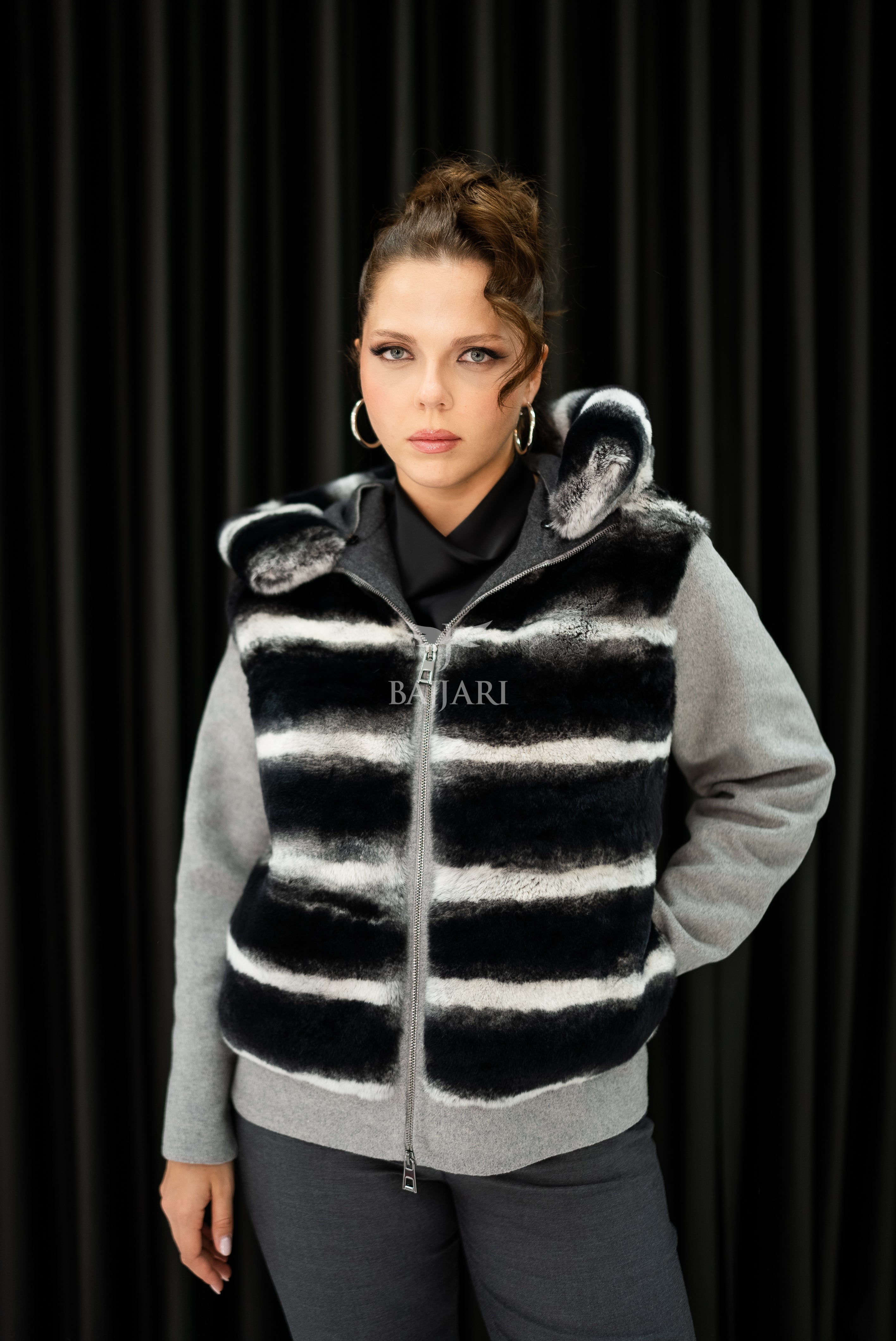 Alpaca Fabric Hooded Model with Rabbit Fur and Real Rabbit Fur Trim on the Front and Hood -9444-
