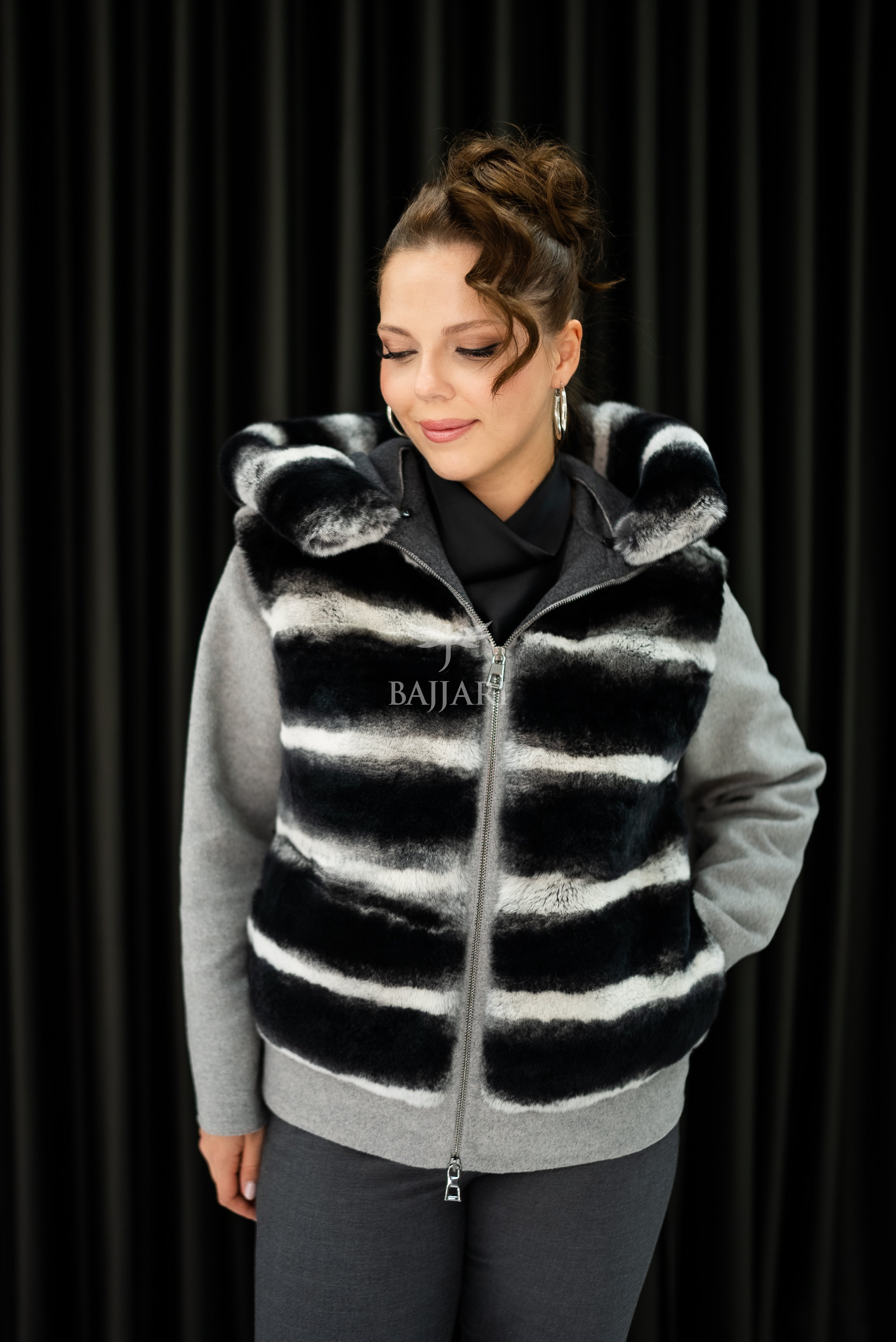 Alpaca Fabric Hooded Model with Rabbit Fur and Real Rabbit Fur Trim on the Front and Hood -9444-