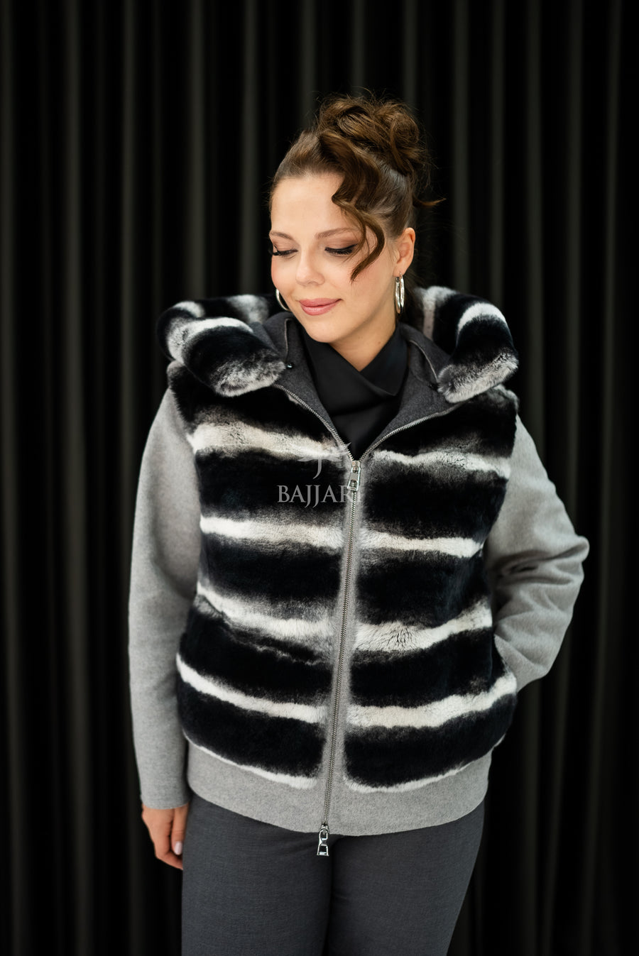 Alpaca Fabric Hooded Model with Rabbit Fur and Real Rabbit Fur Trim on the Front and Hood -9444-