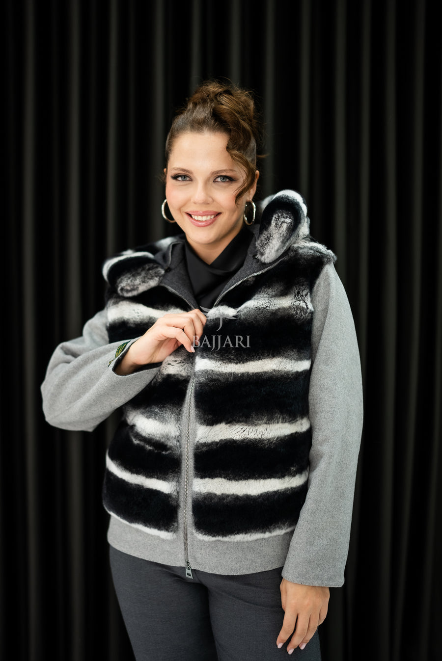 Alpaca Fabric Hooded Model with Rabbit Fur and Real Rabbit Fur Trim on the Front and Hood -9444-