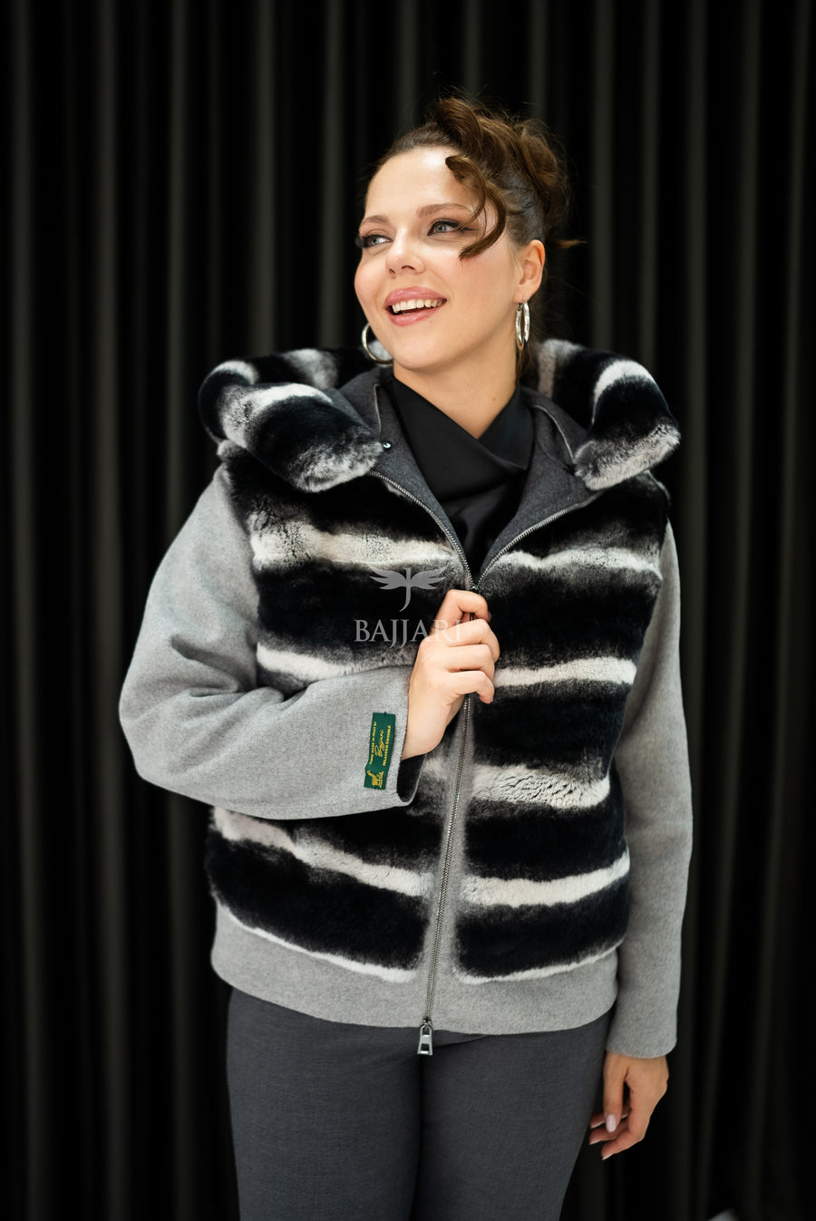 Alpaca Fabric Hooded Model with Rabbit Fur and Real Rabbit Fur Trim on the Front and Hood -9444-