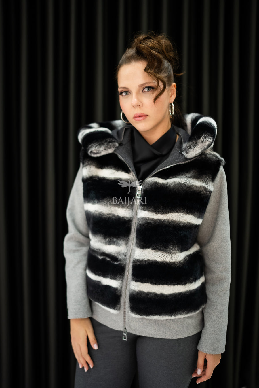 Alpaca Fabric Hooded Model with Rabbit Fur and Real Rabbit Fur Trim on the Front and Hood -9444-