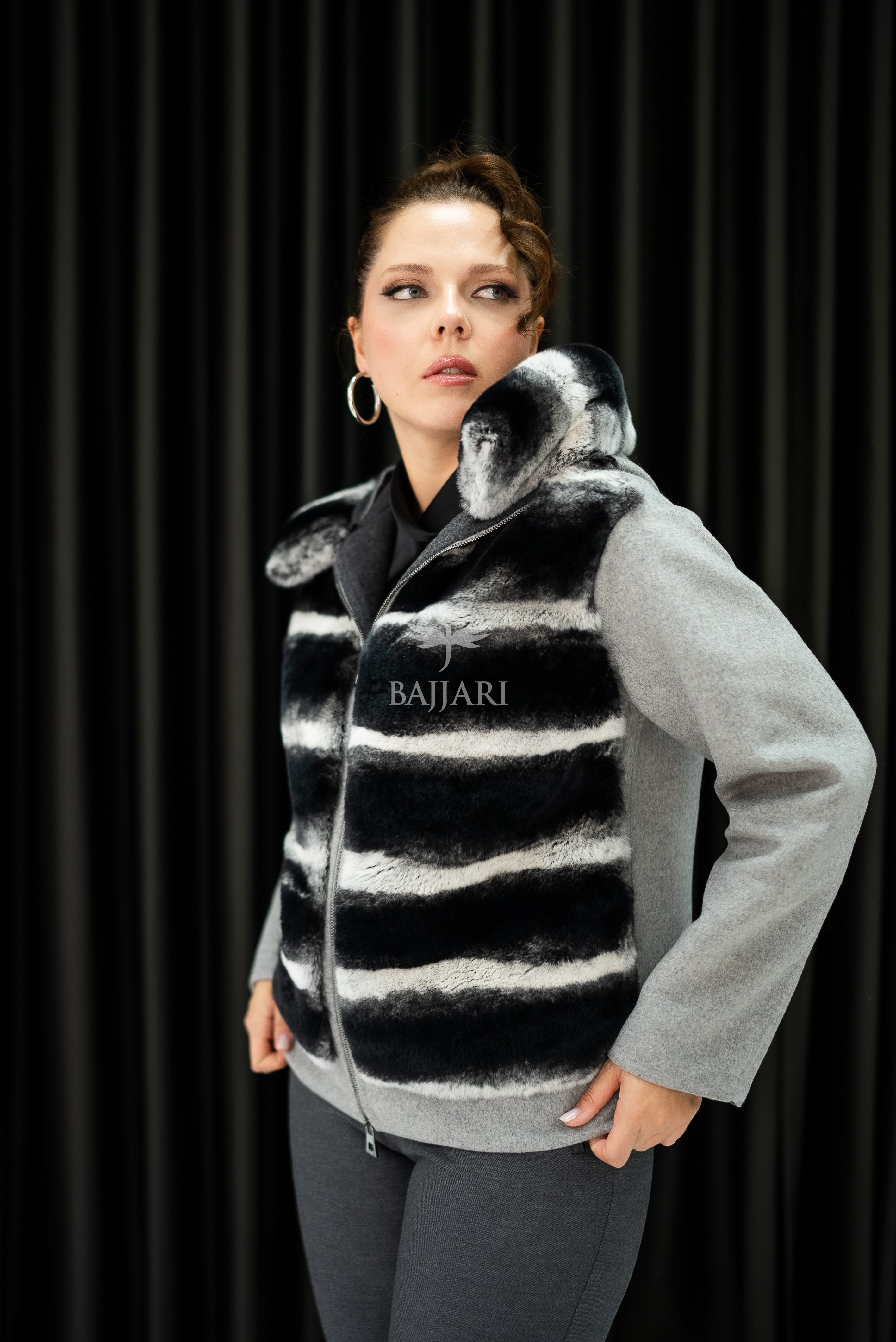 Alpaca Fabric Hooded Model with Rabbit Fur and Real Rabbit Fur Trim on the Front and Hood -9444-