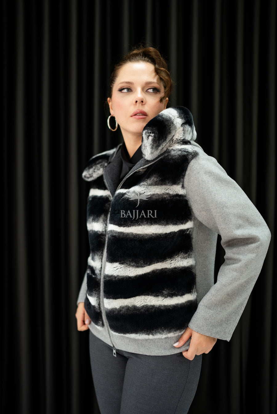 Alpaca Fabric Hooded Model with Rabbit Fur and Real Rabbit Fur Trim on the Front and Hood -9444-
