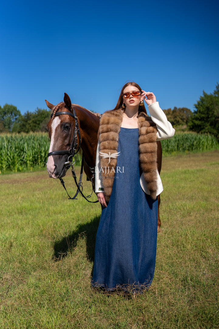 Short Jacket with Sable Fur Details in Alpaca Wool -9428-