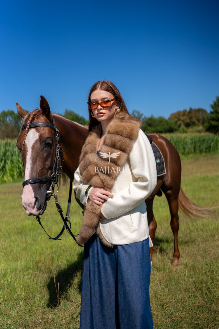 Short Jacket with Sable Fur Details in Alpaca Wool -9428-