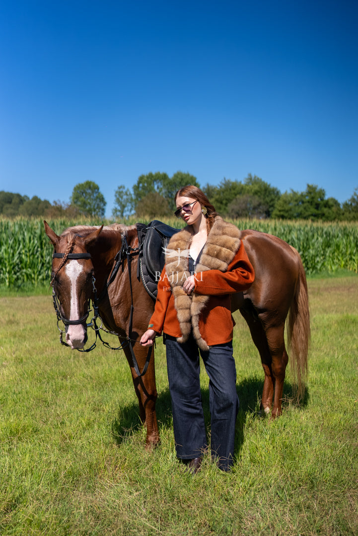 Short Jacket with Sable Fur Details in Alpaca Wool -9428-