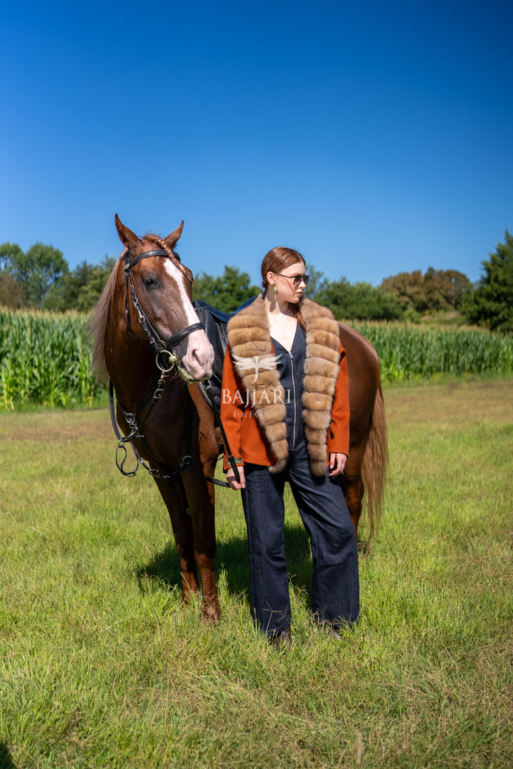 Short Jacket with Sable Fur Details in Alpaca Wool -9428-