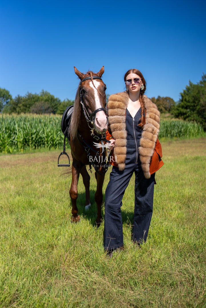 Short Jacket with Sable Fur Details in Alpaca Wool -9428-
