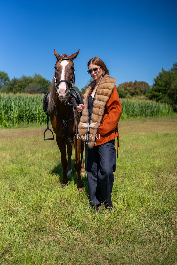 Short Jacket with Sable Fur Details in Alpaca Wool -9428-