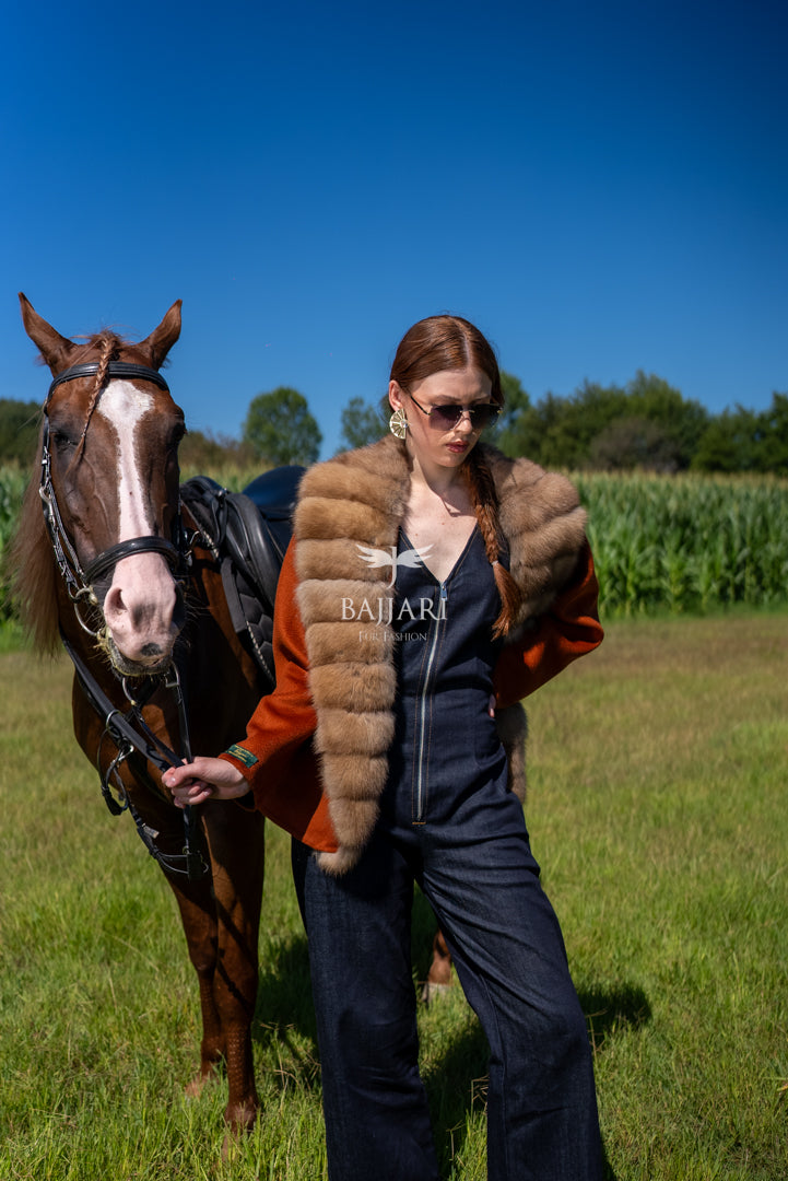 Short Jacket with Sable Fur Details in Alpaca Wool -9428-