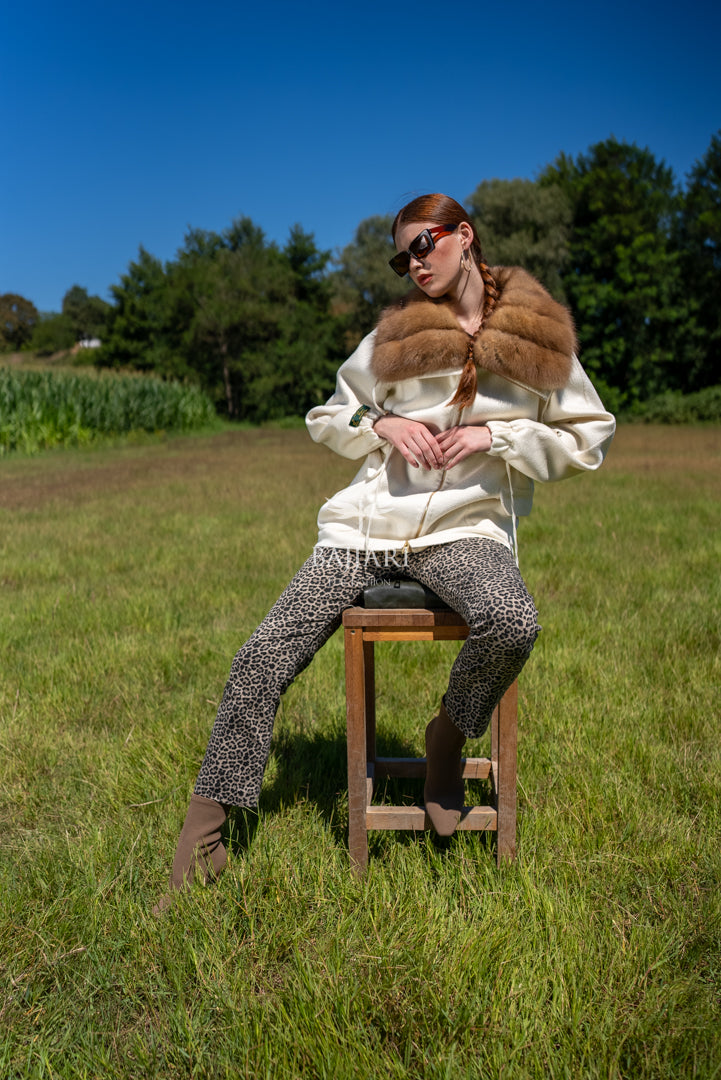 Short Jacket with Sable Fur Collar in Alpaca Wool -9441-
