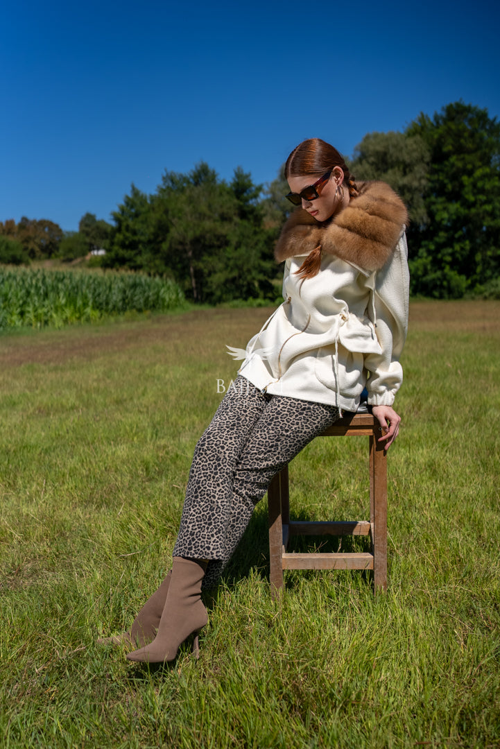 Short Jacket with Sable Fur Collar in Alpaca Wool -9441-