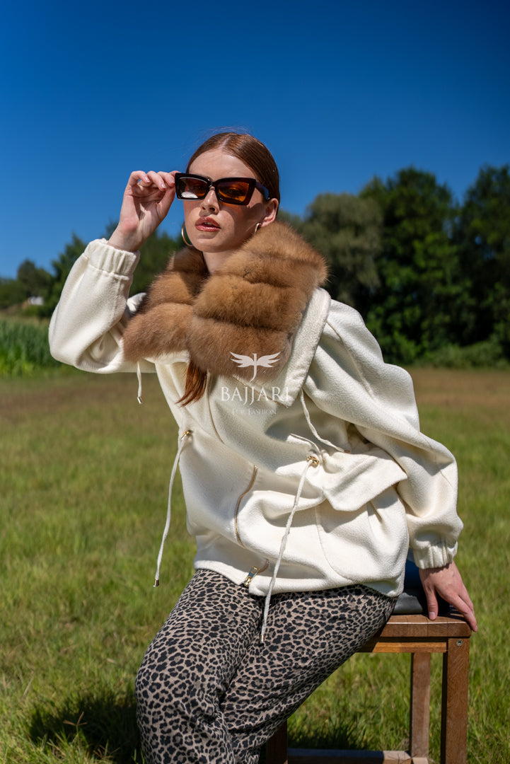 Short Jacket with Sable Fur Collar in Alpaca Wool -9441-