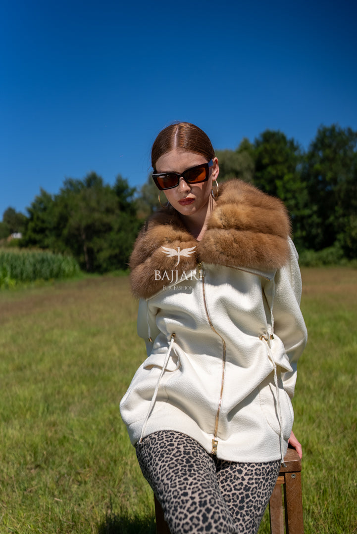 Short Jacket with Sable Fur Collar in Alpaca Wool -9441-