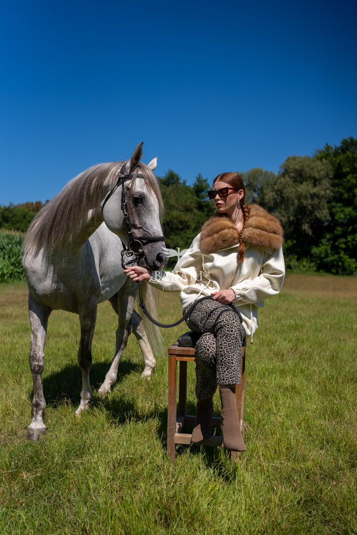 Short Jacket with Sable Fur Collar in Alpaca Wool -9441-