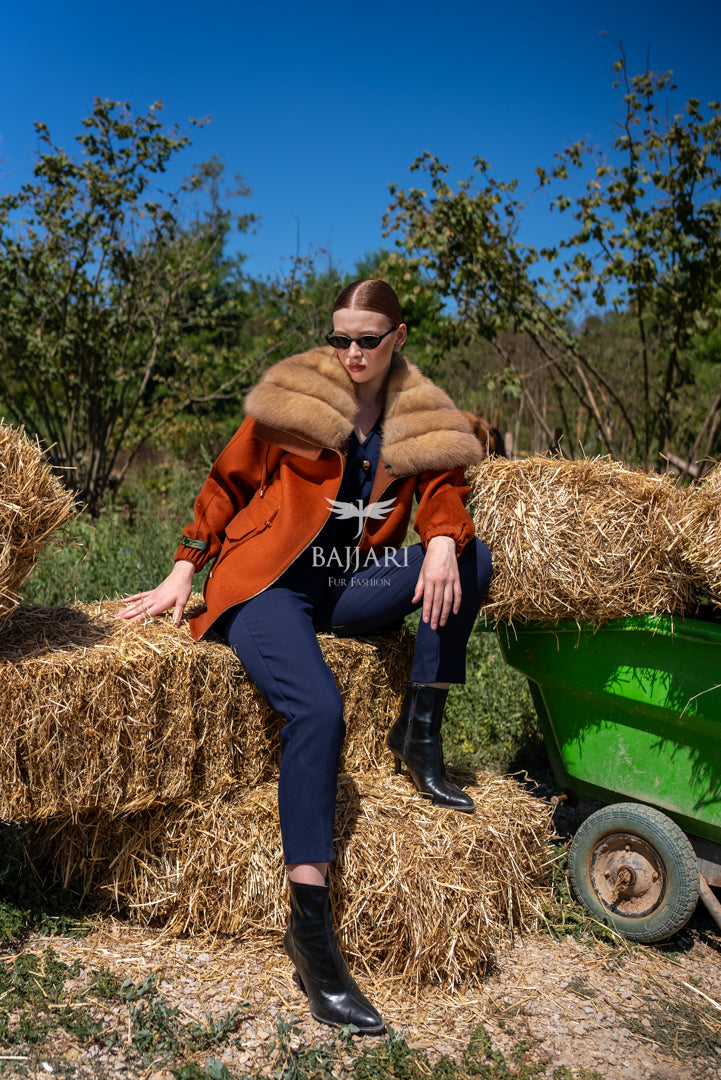 Short Jacket with Sable Fur Collar in Alpaca Wool -9441-