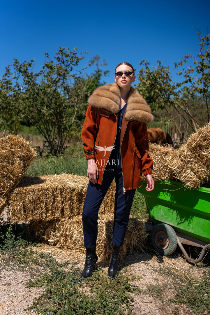 Short Jacket with Sable Fur Collar in Alpaca Wool -9441-