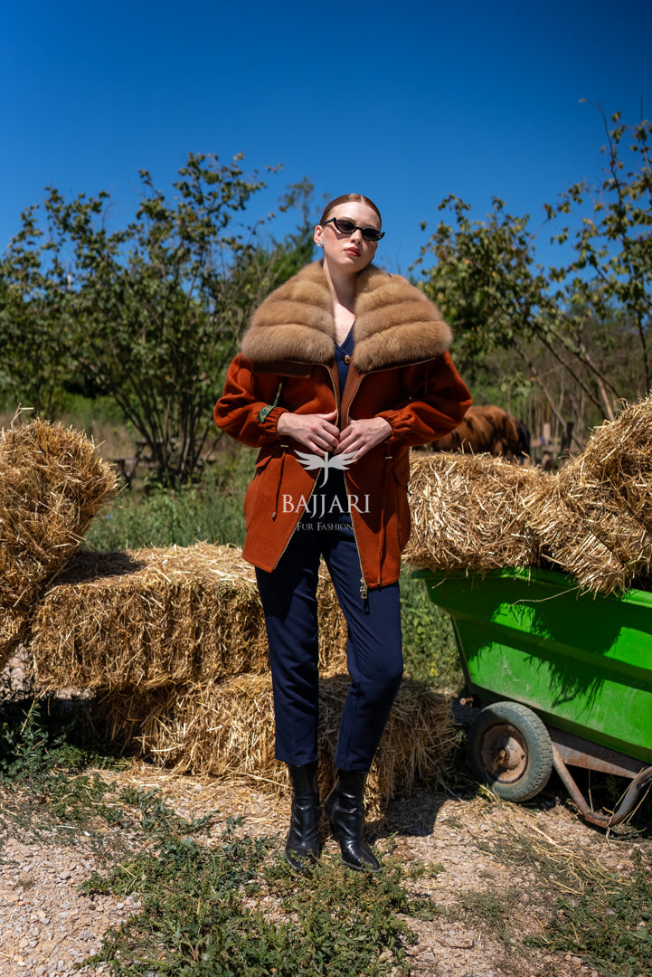 Short Jacket with Sable Fur Collar in Alpaca Wool -9441-