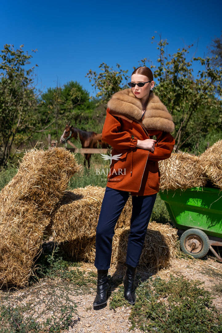 Short Jacket with Sable Fur Collar in Alpaca Wool -9441-
