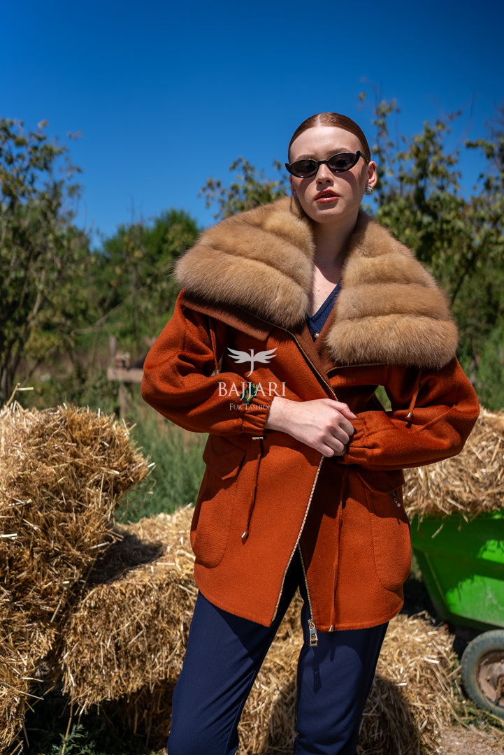 Short Jacket with Sable Fur Collar in Alpaca Wool -9441-
