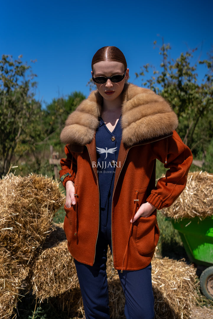Short Jacket with Sable Fur Collar in Alpaca Wool -9441-