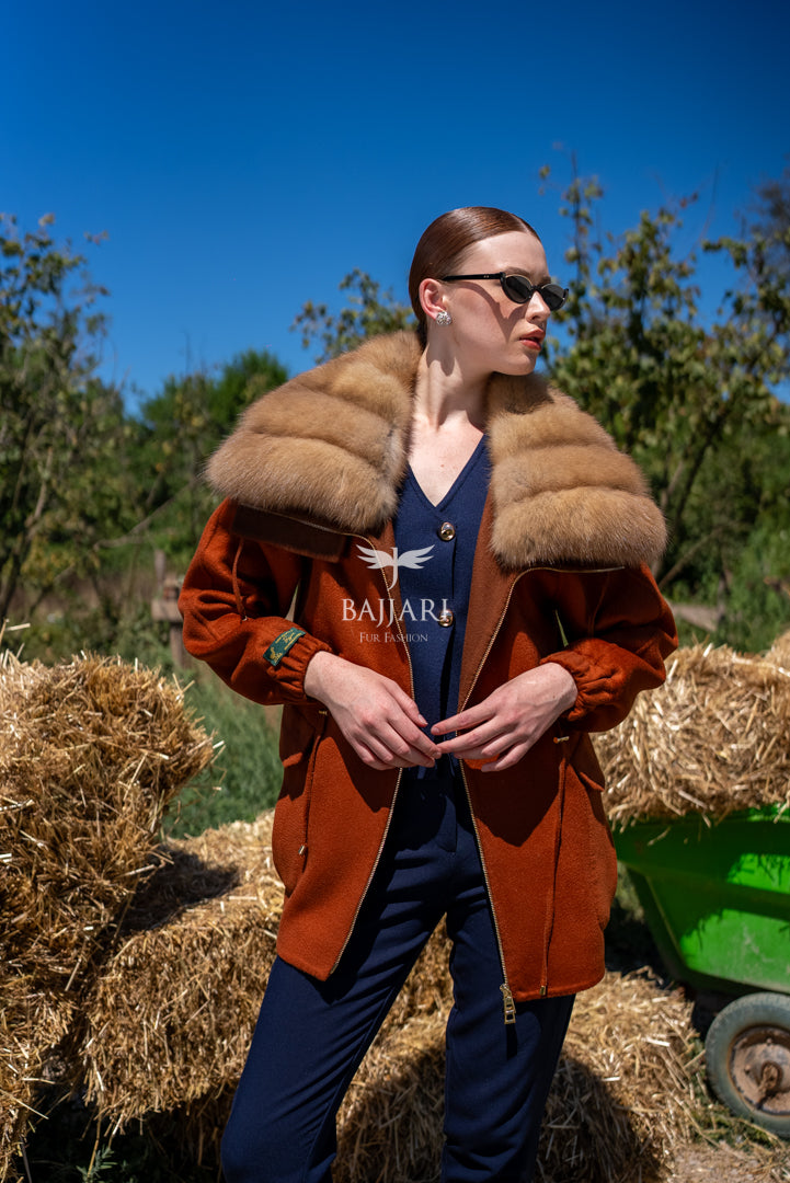Short Jacket with Sable Fur Collar in Alpaca Wool -9441-