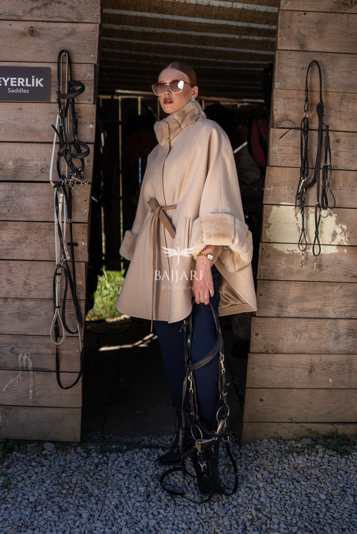 Elegant Cashmere Cape with Rabbit Fur Collar &amp; Cuffs -1337-
