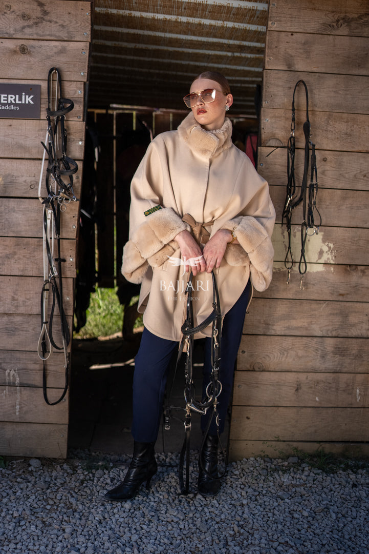Elegant Cashmere Cape with Rabbit Fur Collar &amp; Cuffs -1337-