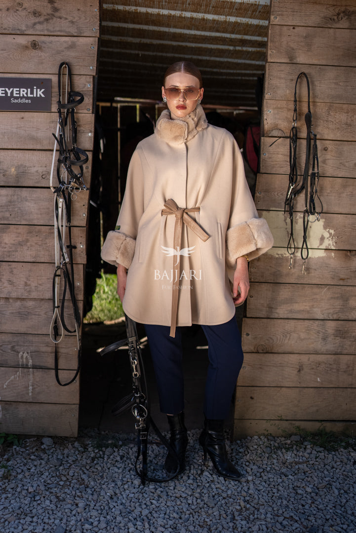 Elegant Cashmere Cape with Rabbit Fur Collar &amp; Cuffs -1337-