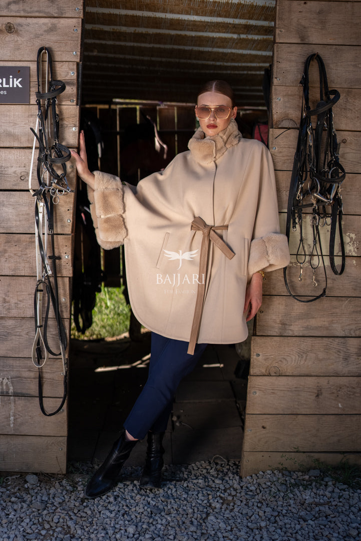 Elegant Cashmere Cape with Rabbit Fur Collar &amp; Cuffs -1337-