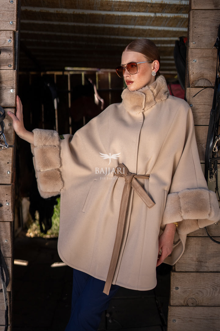 Elegant Cashmere Cape with Rabbit Fur Collar &amp; Cuffs -1337-