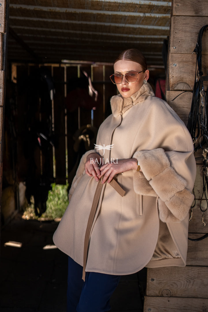 Elegant Cashmere Cape with Rabbit Fur Collar &amp; Cuffs -1337-