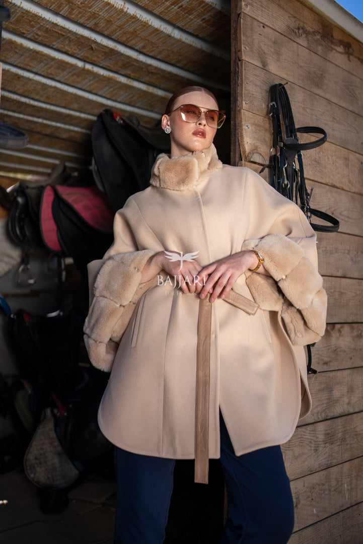 Elegant Cashmere Cape with Rabbit Fur Collar &amp; Cuffs -1337-