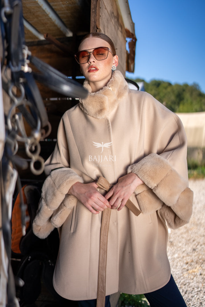 Elegant Cashmere Cape with Rabbit Fur Collar &amp; Cuffs -1337-