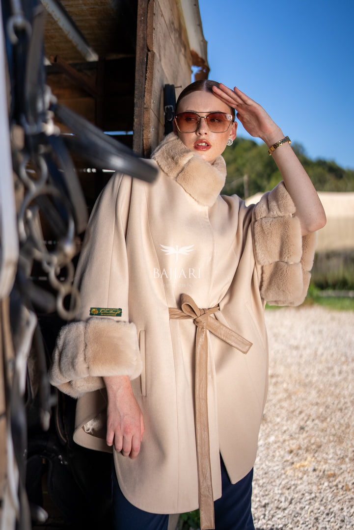 Elegant Cashmere Cape with Rabbit Fur Collar &amp; Cuffs -1337-