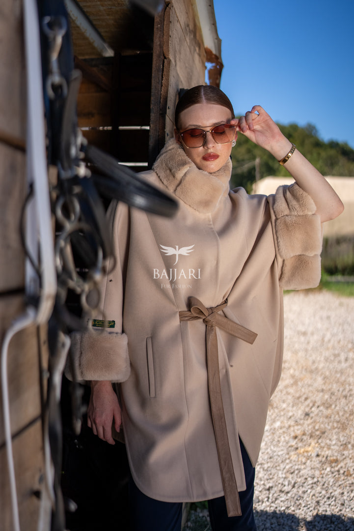 Elegant Cashmere Cape with Rabbit Fur Collar &amp; Cuffs -1337-