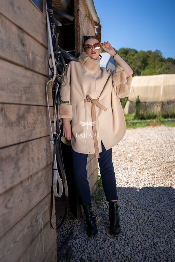 Elegant Cashmere Cape with Rabbit Fur Collar &amp; Cuffs -1337-