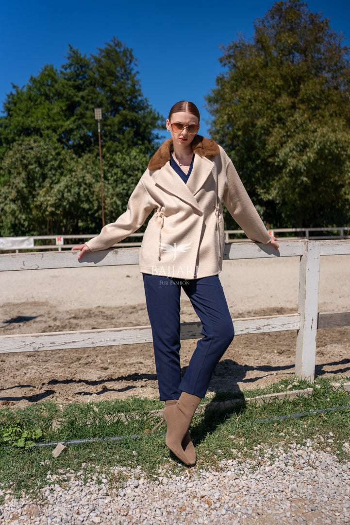 Elegant Women’s Coat with Alpaca Lama Fabric and Mink Fur Collar -9434-