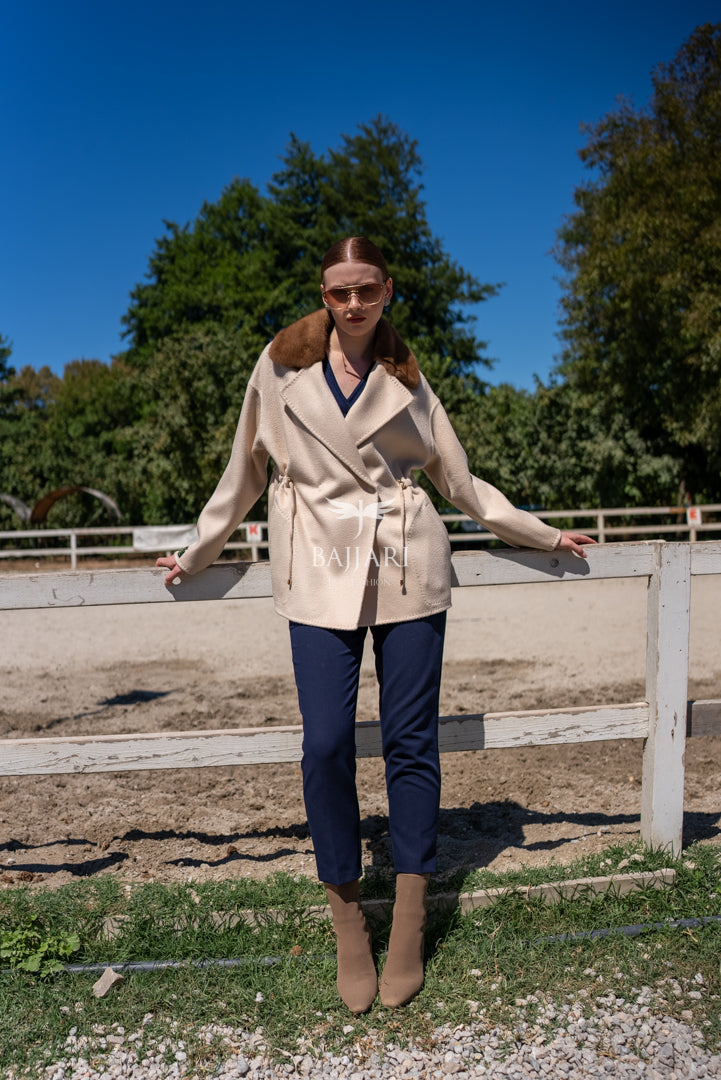 Elegant Women’s Coat with Alpaca Lama Fabric and Mink Fur Collar -9434-
