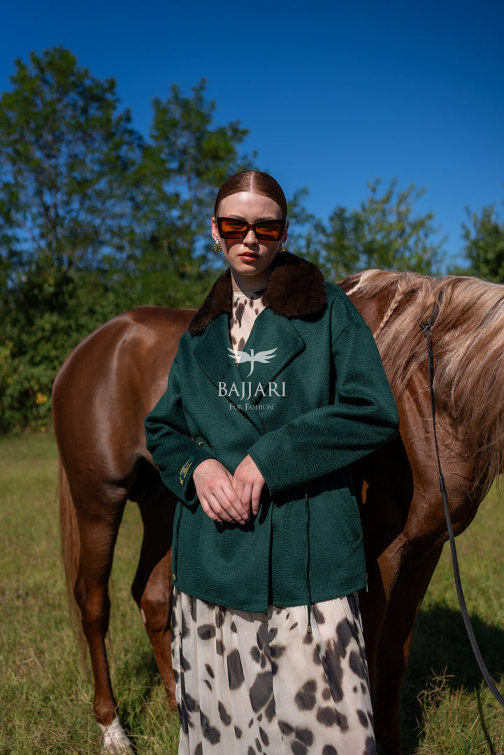 Elegant Women’s Coat with Alpaca Lama Fabric and Mink Fur Collar -9434-